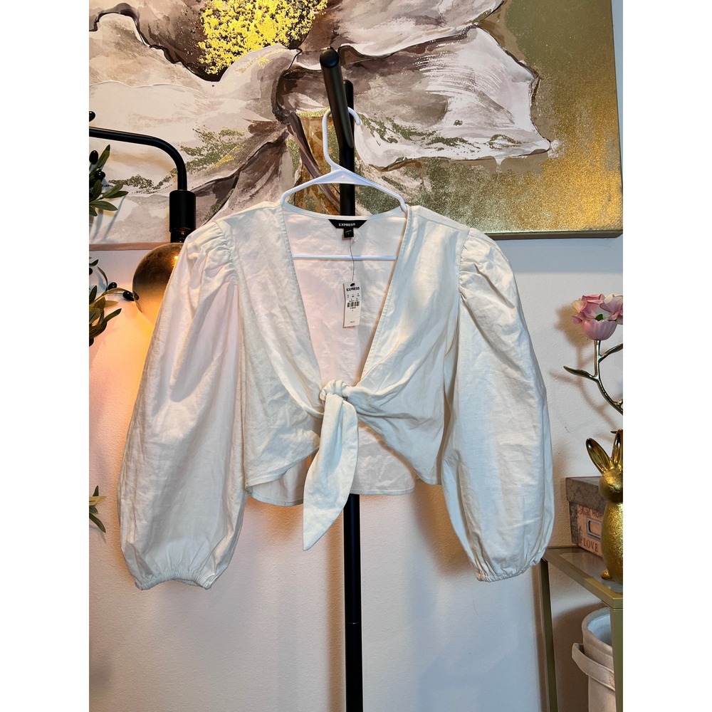 Linen Blend Express Womens Cream Tie Front Puff Sleeve Crop Top Large NEW - Picture 2 of 7